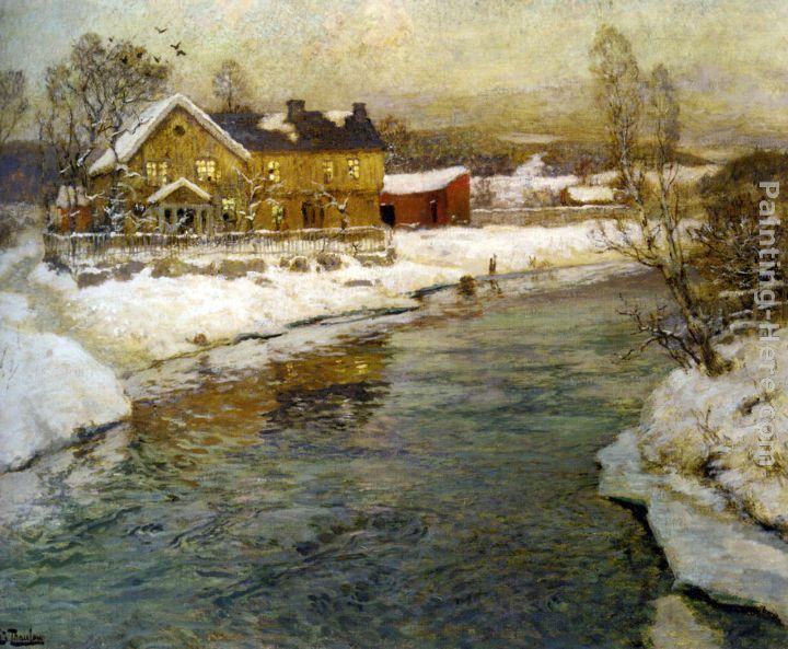 Fritz Thaulow Cottage by a Canal in the Snow